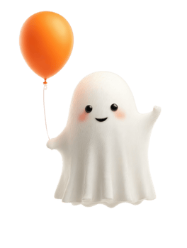 amichevole cartone animato fantasma agitando e Tenere un arancia Palloncino di un' magro corda, morbido ombreggiatura e liscio arrotondato bordi, allegro e carino, isolato su trasparente sfondo. png