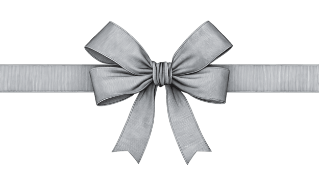 Continuous-line sketch of a ribboned parcel with neat centered bow and balanced curved underline, delicate graphite texture, isolated on transparent background. png