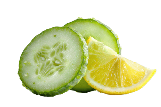 fresco cetriolo e Limone pezzi nel un' diagonale disposizione, umido polpa e seme dettaglio visibile, vivace rustico colore tavolozza, isolato su trasparente sfondo. png