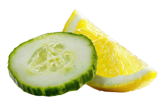 cetriolo fetta e Limone cuneo posto nel un' sfalsato diagonale, mostrando succoso sezione trasversale con chiaro semi e luminosa struttura, isolato su trasparente sfondo. png