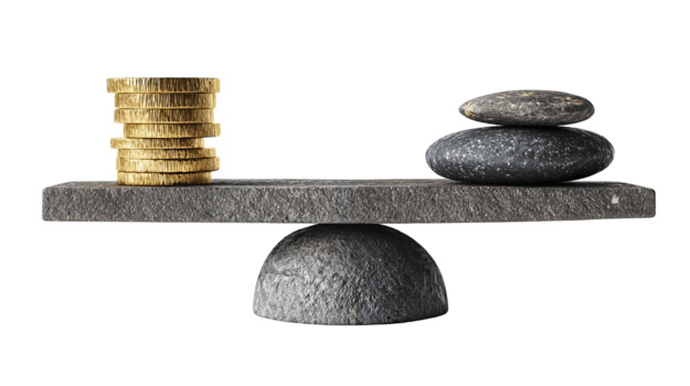 stilizzato pesatura fascio mostrando valore contrasto oro monete contro pietra disegnato con pulito grafite Linee e svenire ombreggiatura, isolato su trasparente sfondo. png