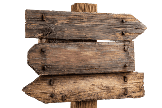 impostato di pino di legno tavole montato su un' inviare, sinistra e giusto frecce inquadratura un' rettangolare centro, abbaiare struttura e rustico Chiodi visibile, isolato su trasparente sfondo. png