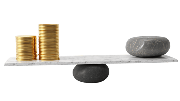 equilibrio fascio scala con un' pila di oro monete su il sinistra e un' geometrico pietra su il Giusto, linea di grafite base con minimo ombreggiatura, isolato su trasparente sfondo. png