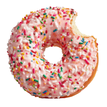 rosa fragola ciambella sormontato con arcobaleno spruzzatori, un' pulito mordere marchio mostrando soffice mollica dentro, leggero lucido superficie, isolato su trasparente sfondo. png