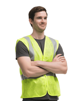 modello nel un' riflessivo lime veste e buio tee, braccia piegato, amichevole espressione e equilibrato illuminazione per un' neutro presentazione, isolato su trasparente sfondo. png