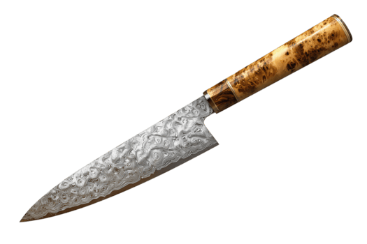 capocuoco coltello con martellato Damasco acciaio lama e acero radica maneggiare, bene rastremazione lungo il colonna vertebrale e acuto microbisello brillare, realistico metallico dettaglio, isolato su trasparente sfondo. png