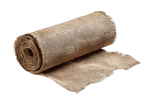 rotolo di tela ruvida tessuto con un' perdere esterno lembo, grossolano iuta tessere e sfilacciato bordi, smorzato sabbia tono e leggermente compressa interno bobina, dettagliato fibra struttura, isolato su trasparente sfondo. png