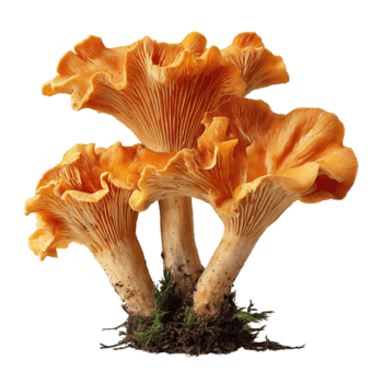 grappolo di tre gallinacci funghi a diverso altezza, caldo albicocca caps con increspato branchie e umido struttura, bit di foresta suolo attaccamento per il base, isolato su trasparente sfondo. png