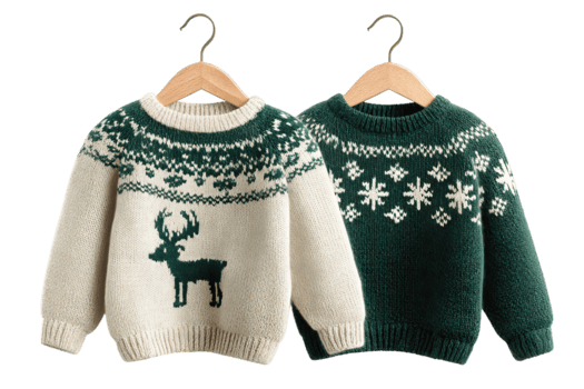 Due lana maglioni nel nordico stile, ricco Smeraldo e pino toni con festivo renna e fiocco di neve motivi, morbido intrecciata struttura, isolato su trasparente sfondo. png