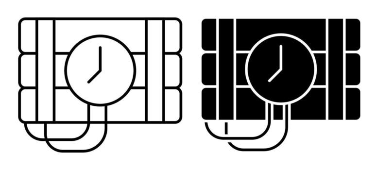 Linear icon of bunch of cylinders with dynamite. Timer on with clock on explosives vector