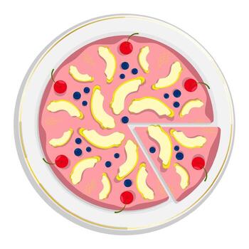 Biscuit cake on plate, fragrant pie with with pear slices, cherries and blueberries vector