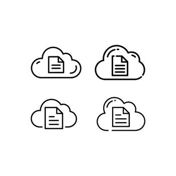 Art of collection of four cloud storage icons, representing data transfer and digital file management in a minimalist style vector