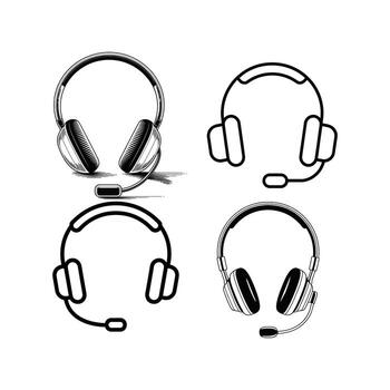 Art of set of headphones in various styles, with microphone, for music, gaming, communication, in drawing style vector