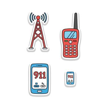 Emergency Communication Devices and Network Tower Stickers Set. vector