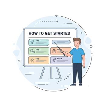 Man Explaining How to Get Started with a Step-by-Step Guide. vector