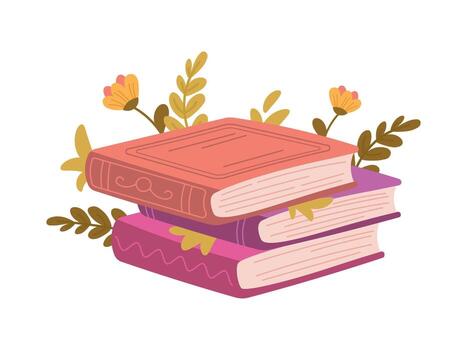apilar de libros con ramas y flores plano estilo, dibujado libro en blanco antecedentes vector