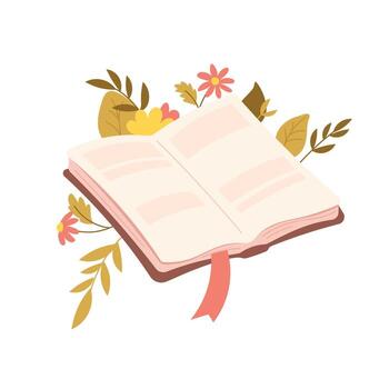 Open book with branches and flowers. Flat style, drawn book on white background vector