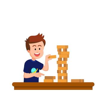 Boy stacking wooden blocks vector