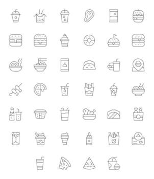 Fast Food Essential Set including 40 Editable Thin Line High Resolution Icons vector
