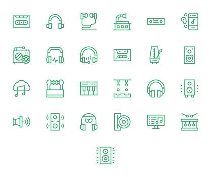 25 cuadrícula equipado regular línea íconos desde música jugador colección vector