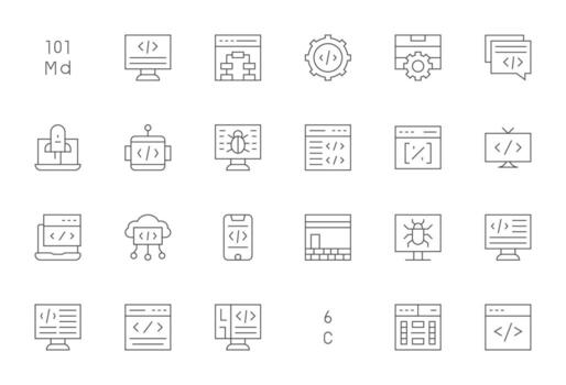 Coding Icon Collection featuring 24 Display Perfect 64x64 Thin Line Designs vector