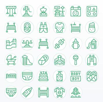 35 Pixel Aligned Icons themed around Toddler in 128x128 Regular Line format vector
