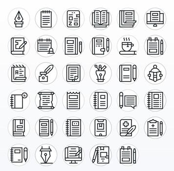 Regular Line Style Journal Icons with 35 High Resolution Pixel Optimized Designs vector