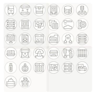 Data Storage Icon Toolkit featuring 32 Pixel Optimized 128x128 Thin Line elements vector