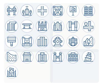 25 íconos para urbano planificación optimizado en monitor Perfecto 256x256 regular línea resolución vector