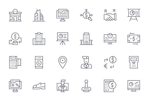 24 PIXEL Perfect Icons themed around Business in High Resolution Thin Line format vector