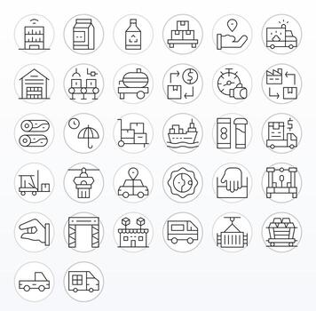 32 Display Perfect Icons themed around Logistics in 128x128 Thin Line format vector