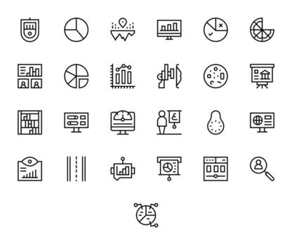 Data Visualization Icon Collection featuring 25 PIXEL Perfect 128x128 Regular Line Designs vector
