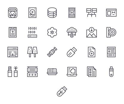 25 Regular Line Icons for File Storage in crisp Retina Ready Detail Enhanced resolution vector