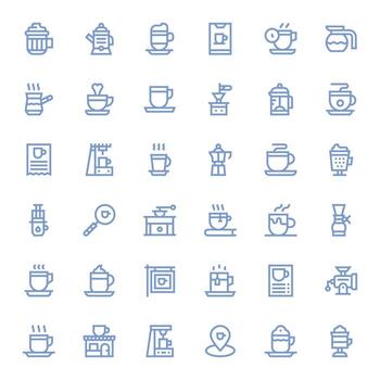 Café exprés escalable conjunto presentando 36 cuadrícula equipado negrita línea 256x256 íconos vector