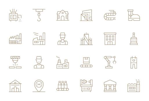Factory featuring 24 128x128 Icons in Thin Line Design vector