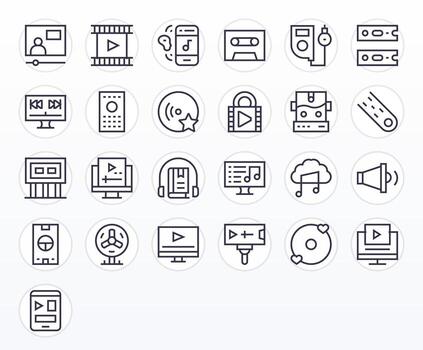 25 Editable High Resolution Icons for Media Player in elegant Regular Line design vector