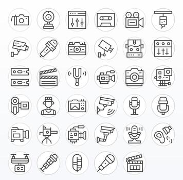 Recording Icon Set with 35 Regular Line 128x128 Pixel Optimized Graphics vector