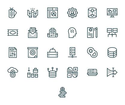 datos administración presentando 25 64 x 64 íconos en regular línea diseño vector