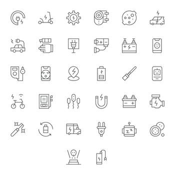 32 Grid Fitted Icons themed around Charging in 256x256 Thin Line format vector