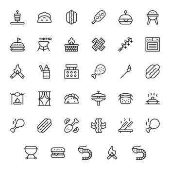 Grill Professional Set with 35 Regular Line Display Perfect High Resolution Icons vector