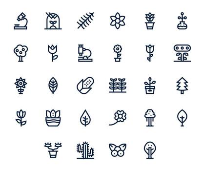 28 PIXEL Perfect Icons themed around Botany in 256x256 Bold Line format vector