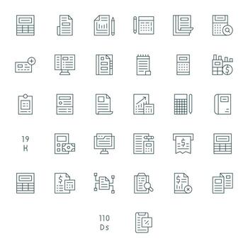 32 Icons for Spreadsheet featuring 128x128 Pixel Aligned Thin Line Graphics vector