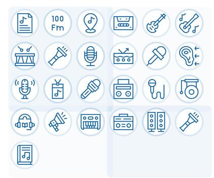 25 Icons for Audio featuring 128x128 Display Perfect Regular Line Graphics vector