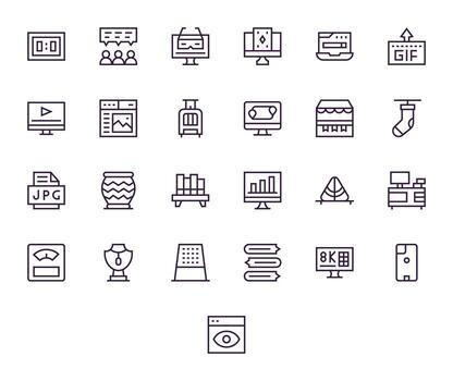 Display Icon Toolkit featuring 25 Pixel Optimized 64x64 Regular Line elements vector