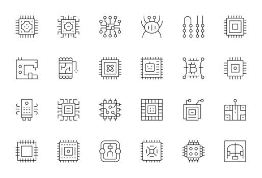 Delgado línea píxel Perfecto íconos desde integrado circuito conjunto con 24 alto resolución íconos vector
