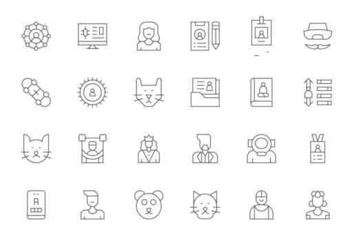 24 Editable Icons themed around Profile in High Resolution Thin Line format vector