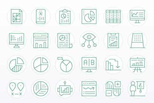 24 Icons for Data Visualization featuring 256x256 PIXEL Perfect Thin Line Graphics vector