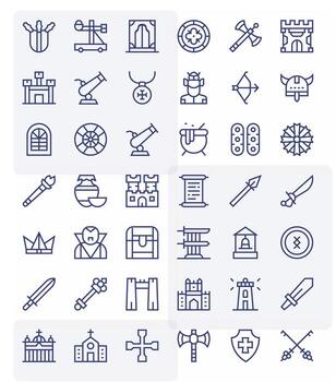 Medieval Icon Toolkit featuring 42 Detail Enhanced 256x256 Regular Line elements vector