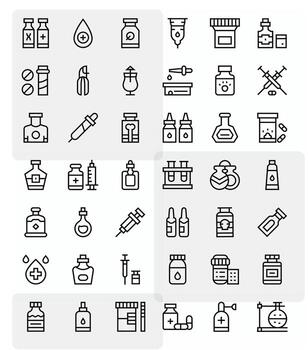 42 Icons for Vial optimized in Pixel Aligned Retina Ready Regular Line resolution vector
