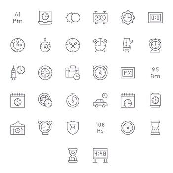 Clock Icon Library with 32 Thin Line High Resolution Pixel Aligned Designs vector
